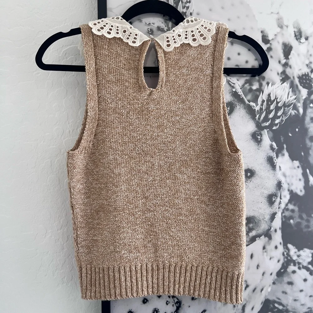 Anthropologie Tan Lace Collared Sweater Tank Top size XXS - Picture 6 of 11